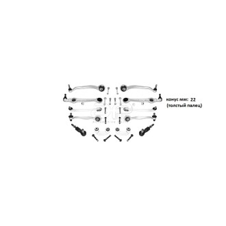Комплект рычагов передней подвески Audi A4 (94-), A6 (97-)/VW Passat (97-) со стойками стаб-а, конус 22мм (толст.пал) APPLUS 13288AP
