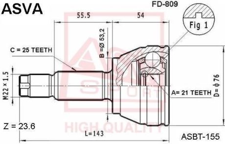 ШРУС НАРУЖНЫЙ 21X53,2X25 (FORD FOCUS I DAW/DBW/DFW/DNW 1998-2004) ASVA FD-809