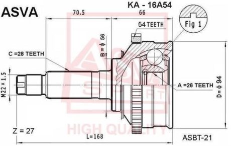 ШРУС НАРУЖНЫЙ 26x56x28 (KIA CARNIVAL/SEDONA 1998-) ASVA KA-16A54