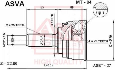 ШРУС НАРУЖНЫЙ 22x50x25 (MITSUBISHI LANCER/COLT C51A-C77A 1988-1995) ASVA MT-04 (фото 1)