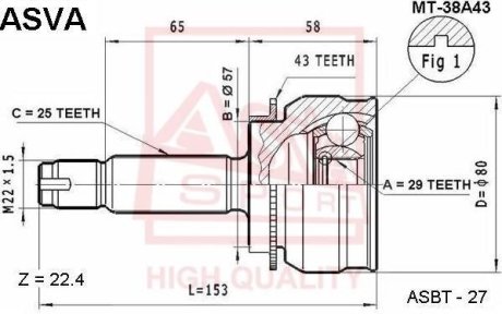 ШРУС НАРУЖНЫЙ 29X57X25 (MITSUBISHI OUTLANDER CU2W/CU5W 4WD 2003-) ASVA MT-38A43