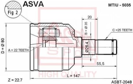 ШРУС ВНУТРЕННИЙ 22x35x25 (HYUNDAI ACCENT/EXCEL 1994-1999) ASVA MTIU-5035 (фото 1)