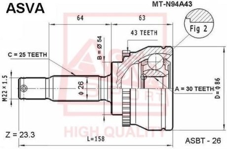 ШРУС НАРУЖНЫЙ 30X54X25 (MITSUBISHI CHARIOT/SPACE WAGON GRANDIS N84W/N94W 1997-2003) ASVA MT-N94A43