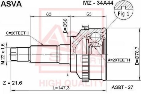 ШРУС НАРУЖНЫЙ 28X56X26 (MAZDA PREMACY CP8 4WD 1999-2005) ASVA MZ-34A44