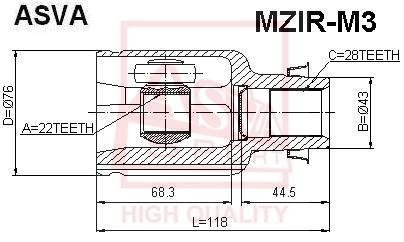 ШРУС ВНУТРЕННИЙ ПРАВЫЙ 22x43x28 (MAZDA 3 2003-2013) ASVA MZIR-M3