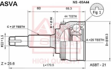 ШРУС НАРУЖНЫЙ 25X56X27 (NISSAN PRIMERA P11 1996-2001) ASVA NS-65A44