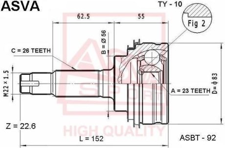 ШРУС НАРУЖНЫЙ 23X56X26 (TOYOTA CARINA E AT190/ST191/CT190 1992-1997) ASVA TY-10