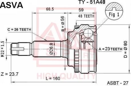 ШРУС НАРУЖНЫЙ 23X56X26 (TOYOTA AVENSIS AT220/ZZT220 1997-2003) ASVA TY-51A48