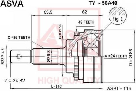 ШРУС НАРУЖНЫЙ 24x56x26 (TOYOTA AVENSIS AT220/ZZT220 1997-2003) ASVA TY-56A48