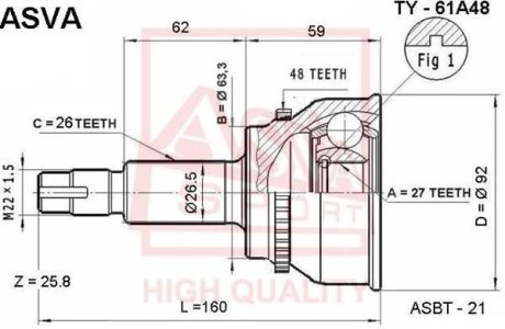 ШРУС НАРУЖНЫЙ 27X63.3X26 (TOYOTA KLUGER L/V ACU25/MCU25 4WD 2000-) ASVA TY-61A48