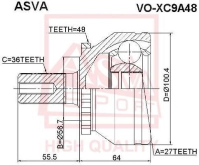 ШРУС НАРУЖНЫЙ 27X56.7X36 (VOLVO XC90 2003-) ASVA VO-XC9A48