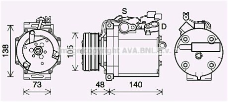 AVA MITSUBISHI Компресор кондиціонера GRANDIS 2.0 DI-D 05-, LANCER VIII 1.8, 2.0 07-OUTLANDER II 2.0 DI-D 07-, 2.4 06-, CITROEN, PEUGEOT AVA COOLING MTAK263 (фото 1)