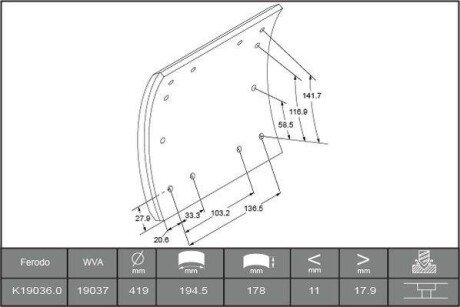 Накладки гальмівні WVA19036 необхідні заклепки: L9 96шт BERAL 1903618600015606 (фото 1)