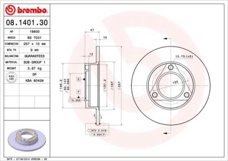 Тормозной диск BREMBO 08.1401.30