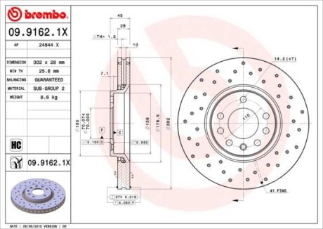 Тормозной диск BREMBO 0991621X (фото 1)