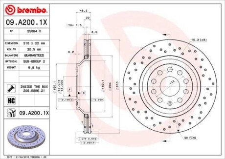 Диск тормозной BREMBO 09A2001X