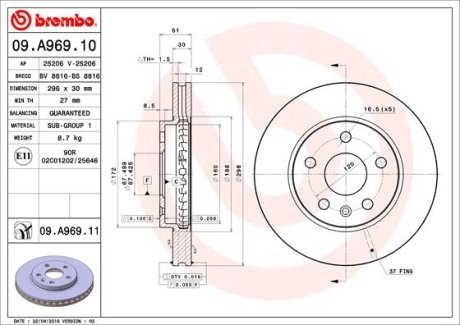 Тормозной диск BREMBO 09A96911 (фото 1)