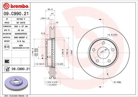 Тормозной диск BREMBO 09C99021