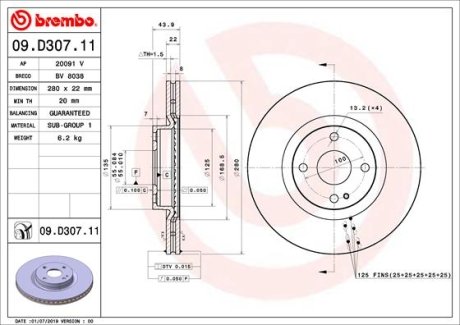 Диск гальмівний передній BREMBO 09D30711