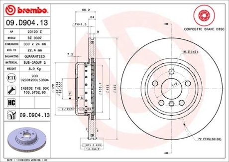 Тормозной диск BREMBO 09D90413