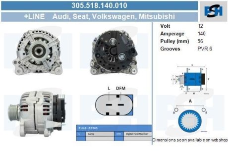 Генератор Audi A4/Skoda Fabia/Octavia/Superb/VW Caddy/Golf/Passat 1.6-2.0TDI 02-13(12V/140A) CV PSH 305518140010