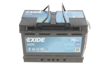 Акумулятор START-STOP AGM (278×175×190), 70Ач, 760А, R+ EXIDE EK700