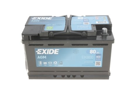 Акумулятор START-STOP AGM (315×175×190), 80Ач, 800А, R+ EXIDE EK800