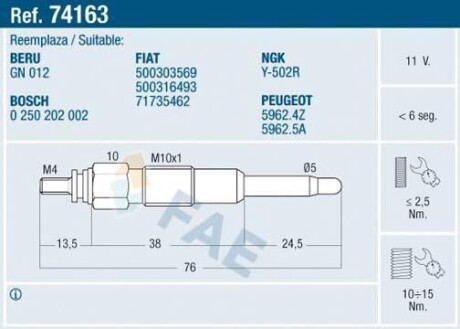 Свіча розжарювання FAE 74163