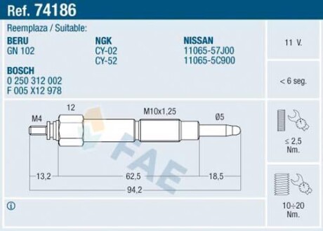 Свічка розжарювання FAE 74186