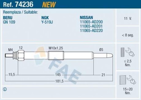 Свічка розжарювання FAE 74236