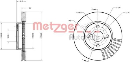 Диск гальмівний (передній) Toyota Corolla 01-07 (255x25) METZGER 6110167