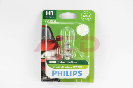 Автолампа LongLife EcoVision H1 P14,5s 55 W прозрачная PHILIPS 12258LLECOB1