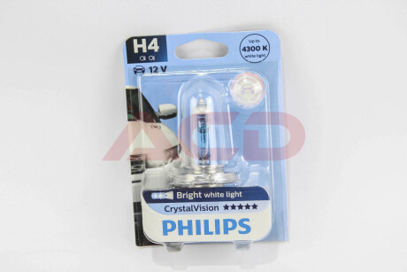 Лампа розжарювання H4 12V 60/55W P43t-38 Cristal Vision 1шт blister 4300K PHILIPS 12342CVB1