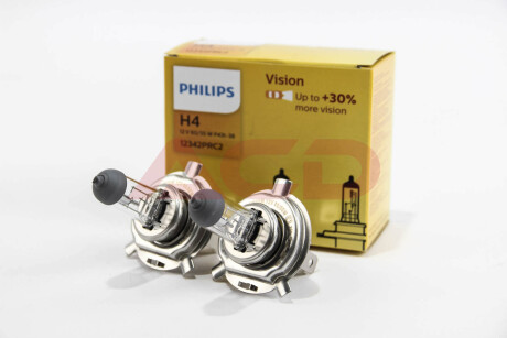 Лампа розжарювання H4 12V 60/55W P43t-38 Vision +30 (2шт. комп.) PHILIPS 12342PRC2 (фото 1)