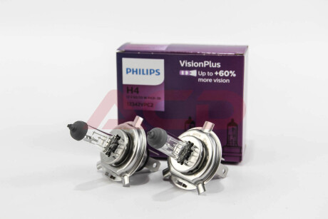 Лампа розжарювання H4 VisionPlus (+60) 12V 60/55W P43t-38 2шт PHILIPS 12342VPC2