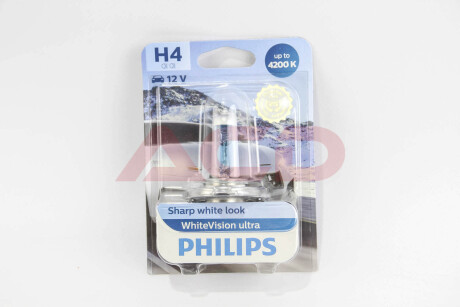 Лампа розжарювання H4 12V 60/55W WhiteVision ULTRA +60 (4200K) (1шт) PHILIPS 12342WVUB1