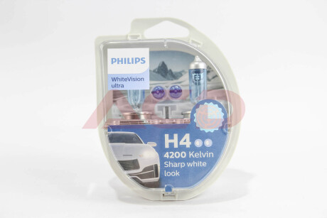 Лампа розжарювання H4 12V 60/55W WhiteVision ULTRA +60 (4200K) (компл) PHILIPS 12342WVUSM