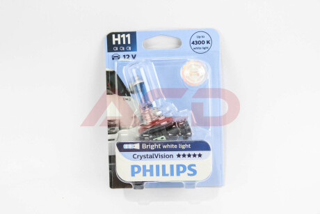 Лампа розжарювання H11 12V 55W PGJ19-2 Cristal Vision 1шт blister 4300K PHILIPS 12362CVB1