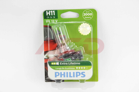 Ліхтар накалу H11 12V 55W PGJ19-2 LongerLife Ecovision 1шт blister PHILIPS 12362LLECOB1