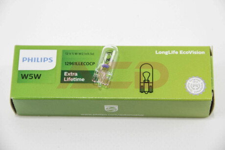 Автолампа LongLife EcoVision W5W W2,1x9,5d 5 W прозрачная PHILIPS 12961LLECOCP