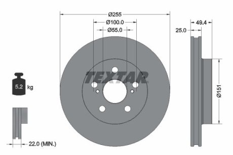 TARCZA HAMULCOWA 255X25 V 5-OTW TOYOTA PRIUS 1,8H 15> PRZOD PRO SZT TEXTAR 92301703