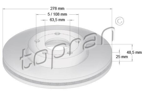 Диск тормозной (передний) Ford C-Max 07-/Focus II/III 04- (278x25) (с покрытием) (вентилируемый) TOPRAN TOPRAN / HANS PRIES 304728