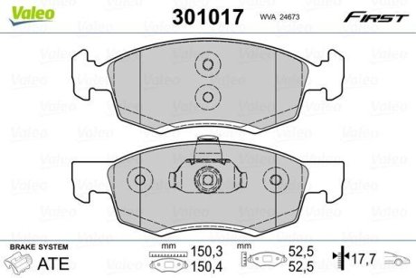 Комплект тормозных колодок, дисковый механизм Valeo 301017