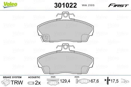 Комплект тормозных колодок, дисковый механизм Valeo 301022 (фото 1)