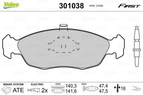 Комплект тормозных колодок, дисковый механизм Valeo 301038