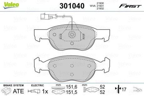 Комплект тормозных колодок, дисковый механизм Valeo 301040