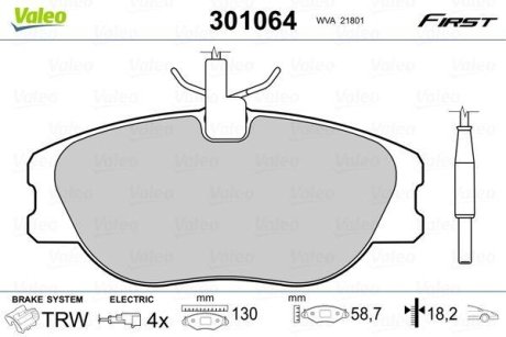 Комплект тормозных колодок, дисковый механизм Valeo 301064