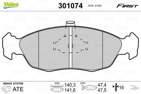 Комплект тормозных колодок, дисковый механизм Valeo 301074