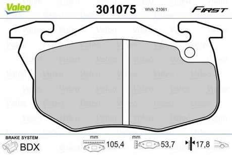 Комплект тормозных колодок, дисковый механизм Valeo 301075 (фото 1)