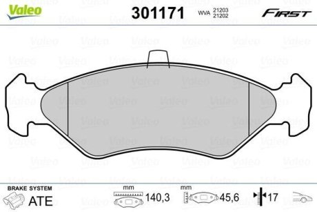 Комплект тормозных колодок, дисковый механизм Valeo 301171